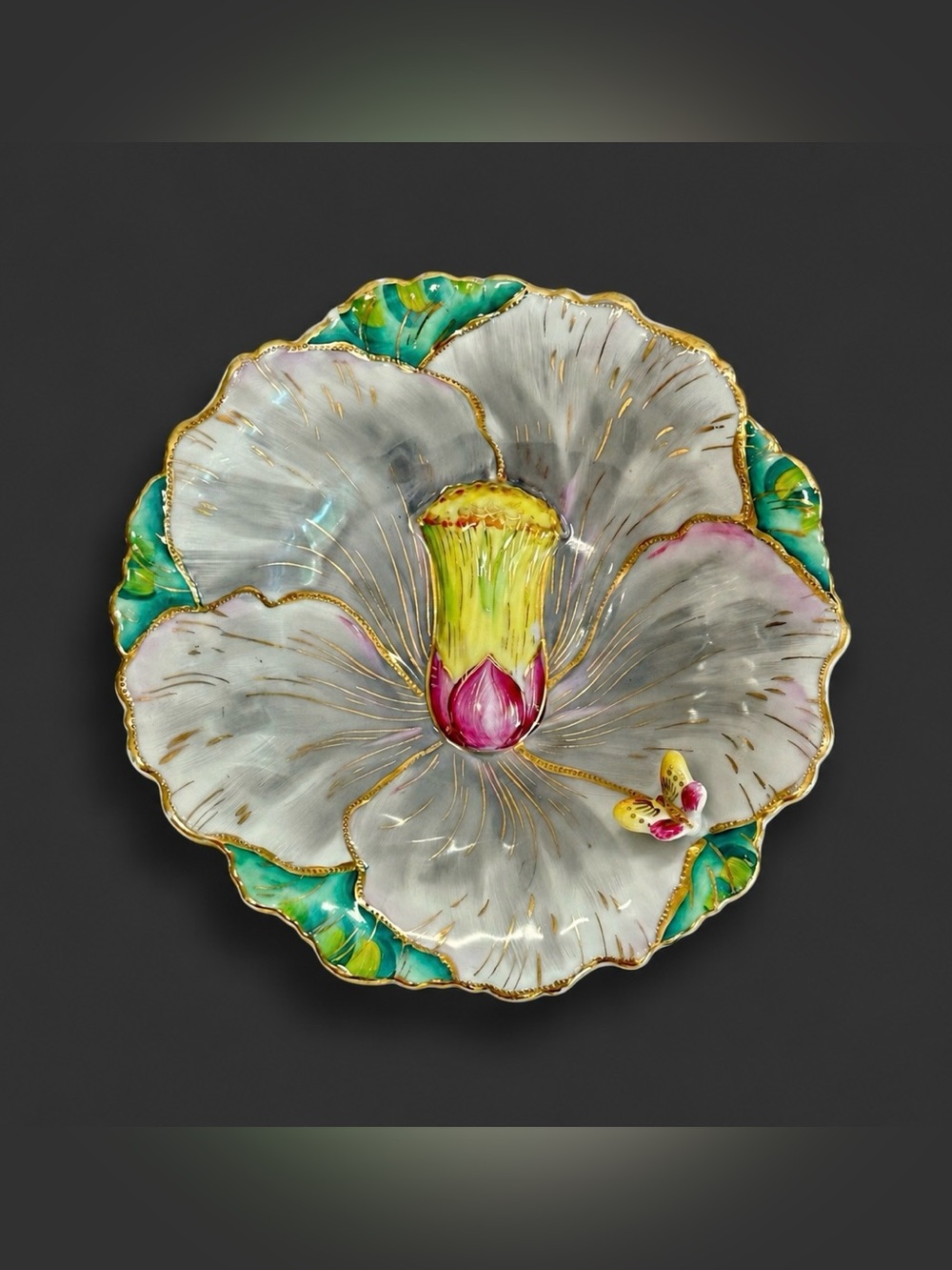 Vintage Porcelain Orchid Flower Bowl Dish Butterfly Gold Trim Hand Painted 6.5”